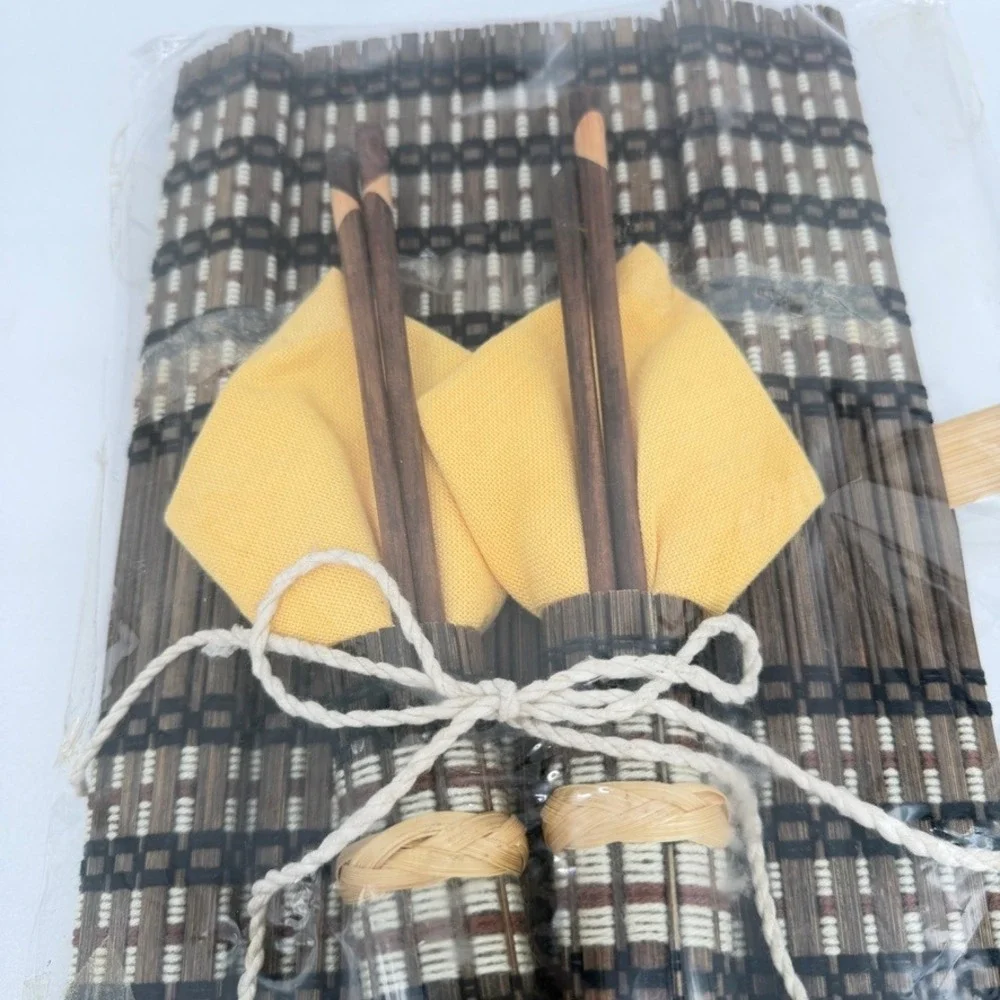 Bamboo Table Runner w/ Woven Yellow‎ Napkins & Chopsticks 2 Person NEW